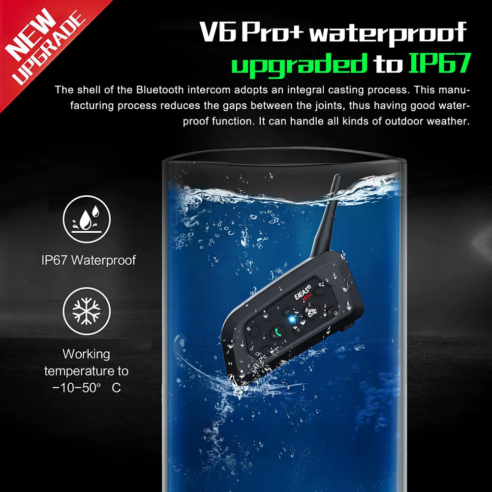 V6 PRO+ Motorcycle Bluetooth Helmet Headset Intercom 850Mah MOTO Communicator 800M Interphone for 6 Riders IP65 Waterproof