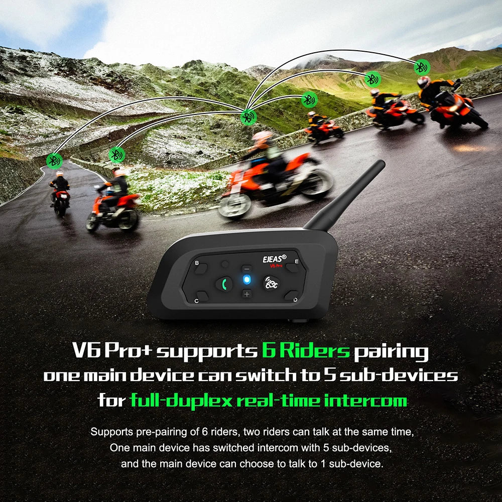 V6 PRO+ Motorcycle Bluetooth Helmet Headset Intercom 850Mah MOTO Communicator 800M Interphone for 6 Riders IP65 Waterproof