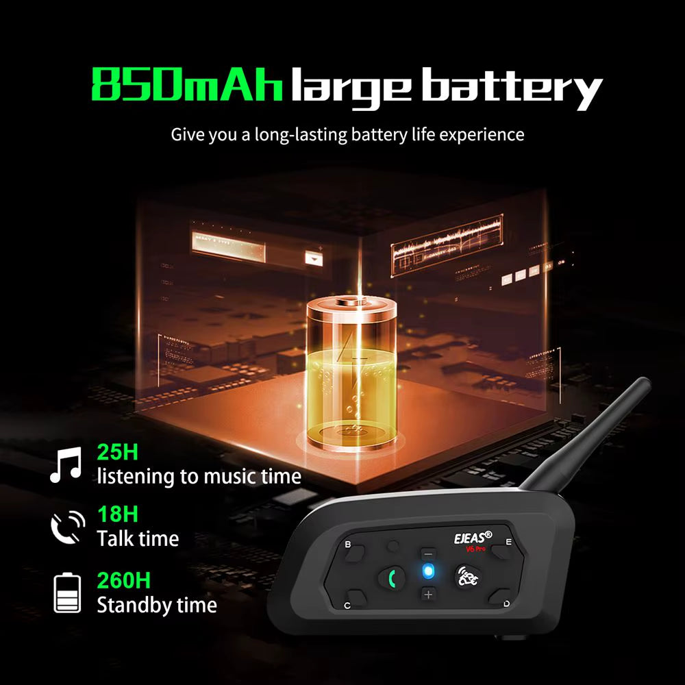 V6 PRO+ Motorcycle Bluetooth Helmet Headset Intercom 850Mah MOTO Communicator 800M Interphone for 6 Riders IP65 Waterproof