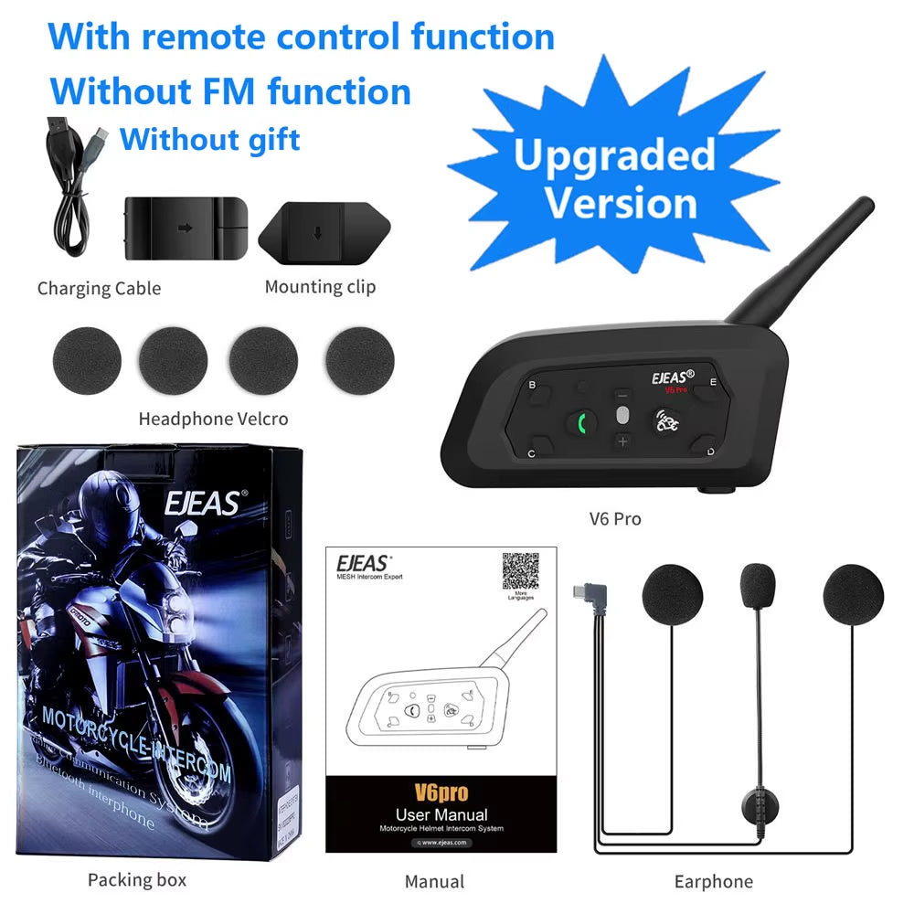 V6 PRO+ Motorcycle Bluetooth Helmet Headset Intercom 850Mah MOTO Communicator 800M Interphone for 6 Riders IP65 Waterproof